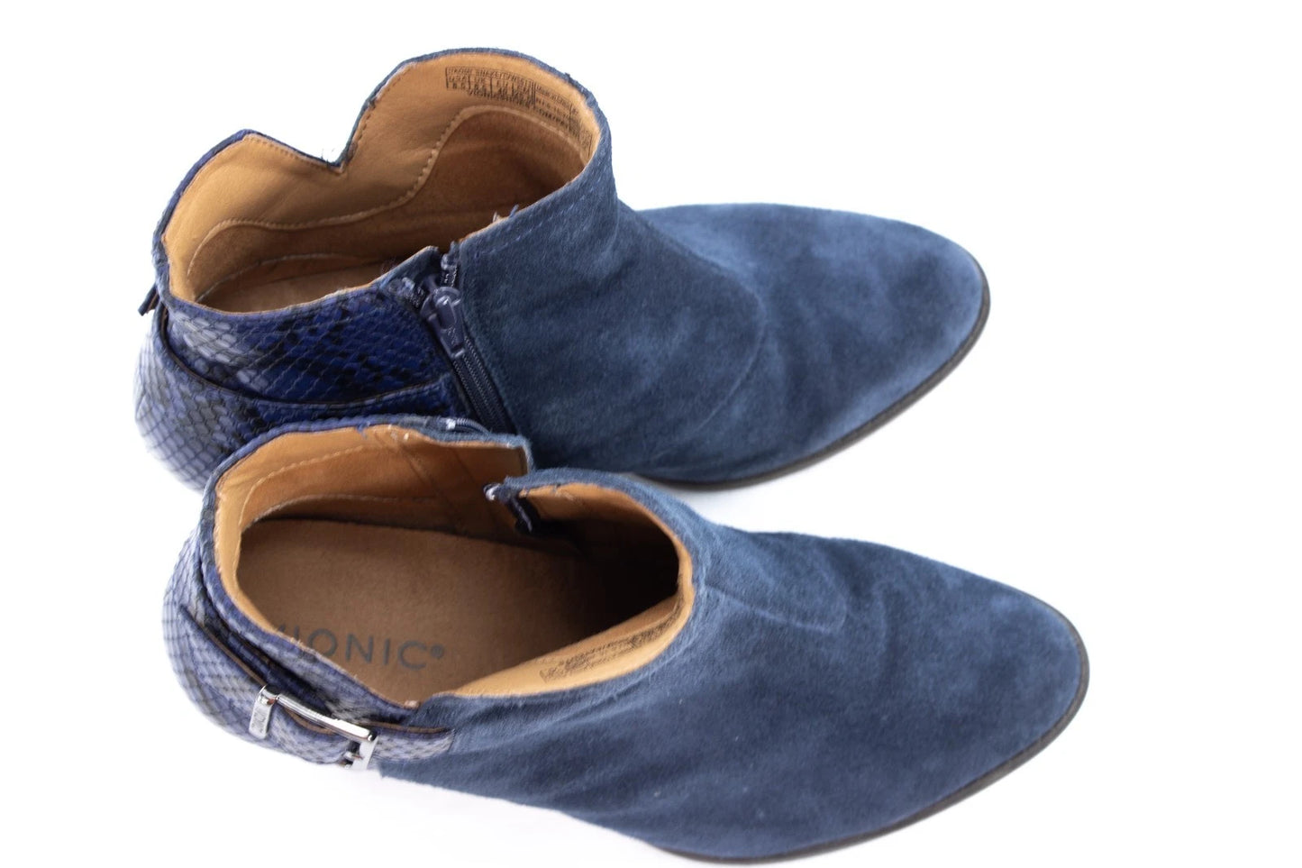 Vionic Navy Suede & Snake Print Ankle Booties – Women’s 8.5M Block Heel Zip Boot