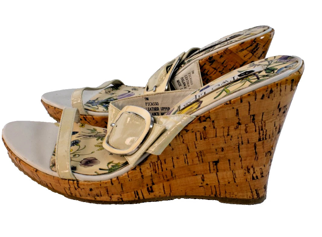 Two Lips “Picasso” Wedge Sandals 9M – Cream Straps • Floral Footbed • Cork Heel
