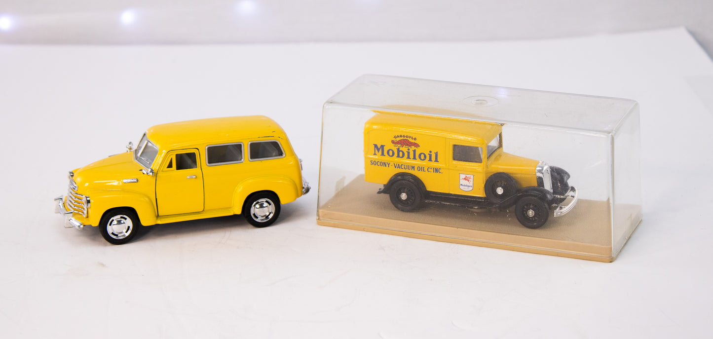 Vintage Yellow Diecast Vehicle Set – Mobil Oil Truck + Wagon (2-Piece)