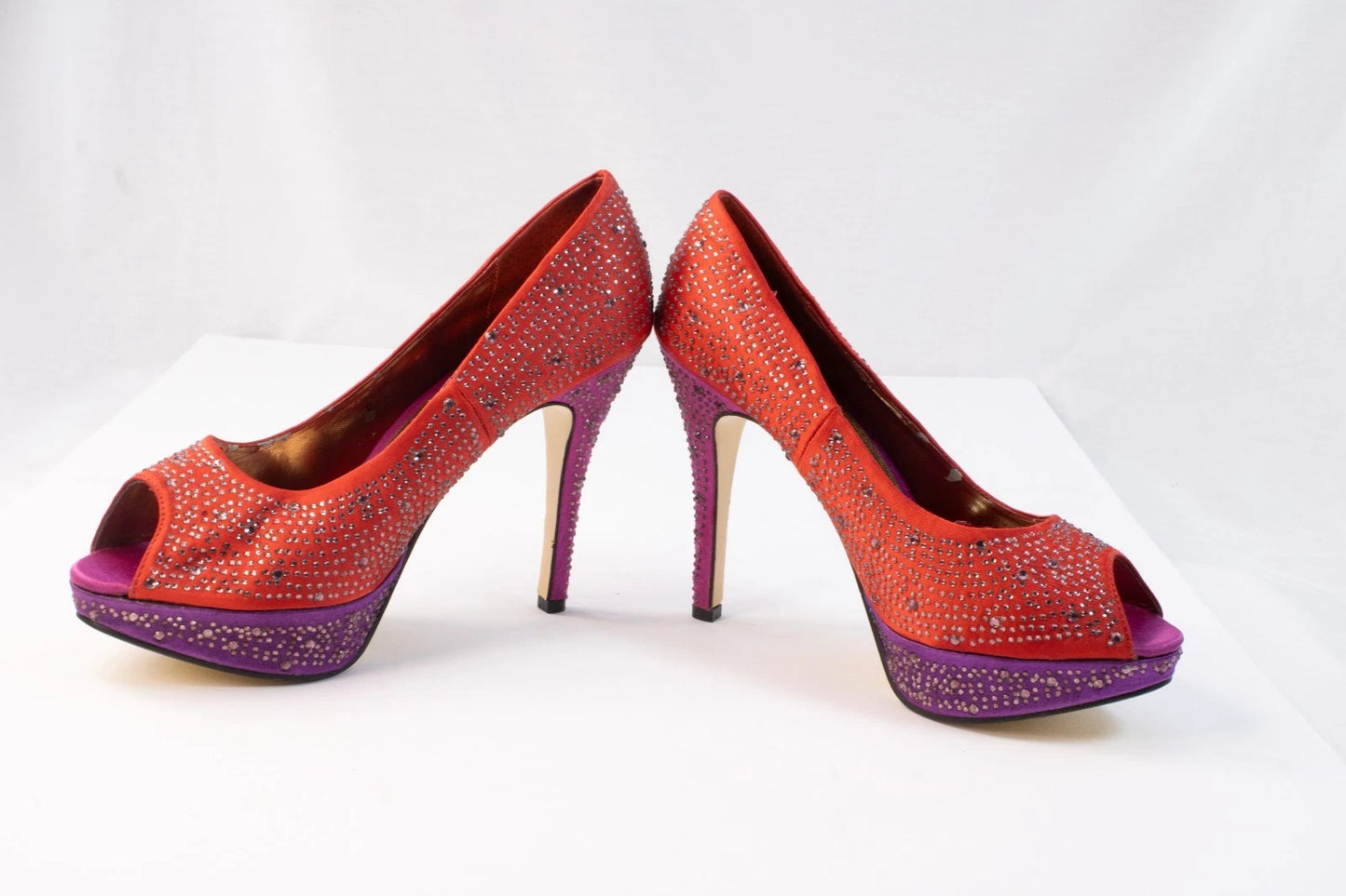 Valenti Franco Red & Purple Rhinestone Platform Heels – Size 7M – Leather Sole