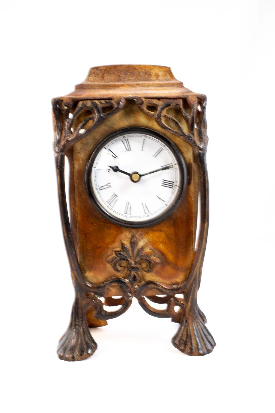Vintage Art Nouveau-Style Metal Mantel Clock – Fleur-de-Lis Design, Non-Working,