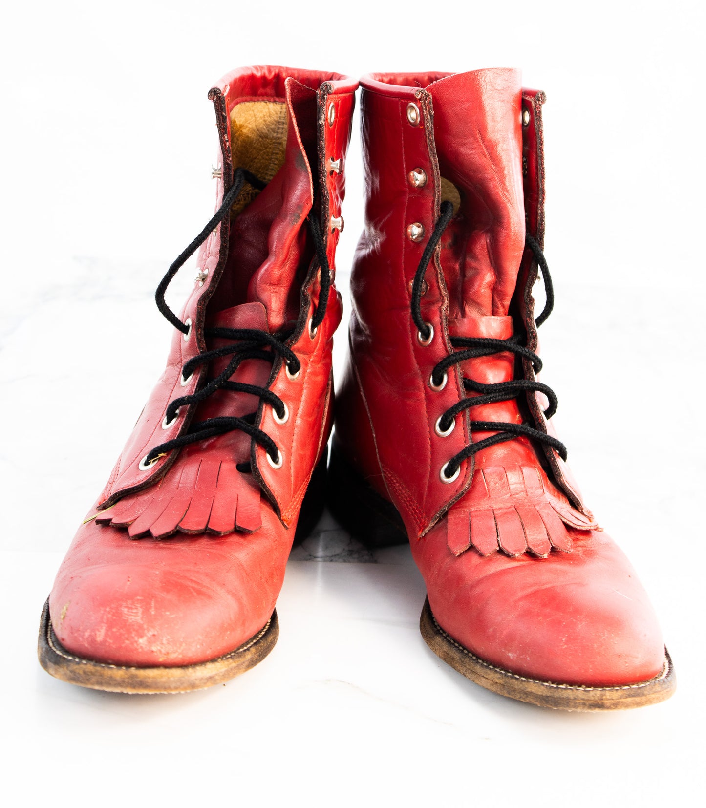 Vintage Justin Red Lace Up Boots Womens 6.5 Fringe Leather USA