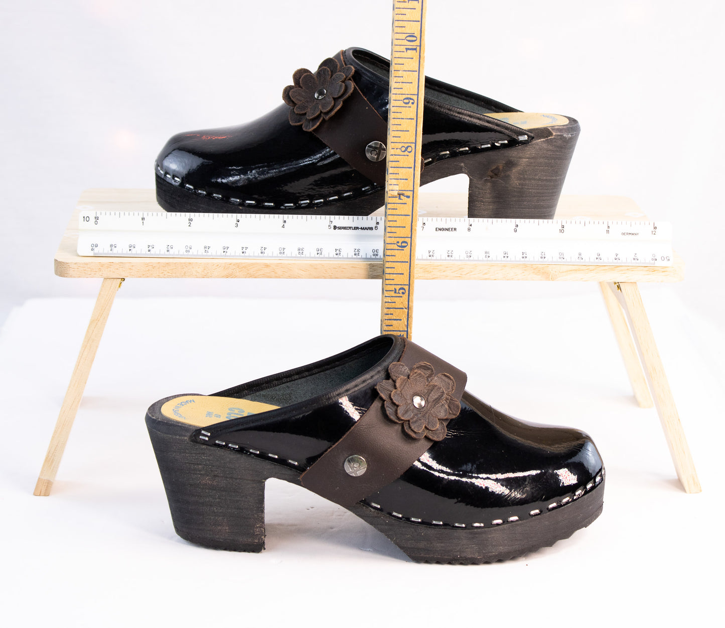 Vintage Tessa Clogs of Vail Black Patent Leather Swedish Heeled Clogs EU 38