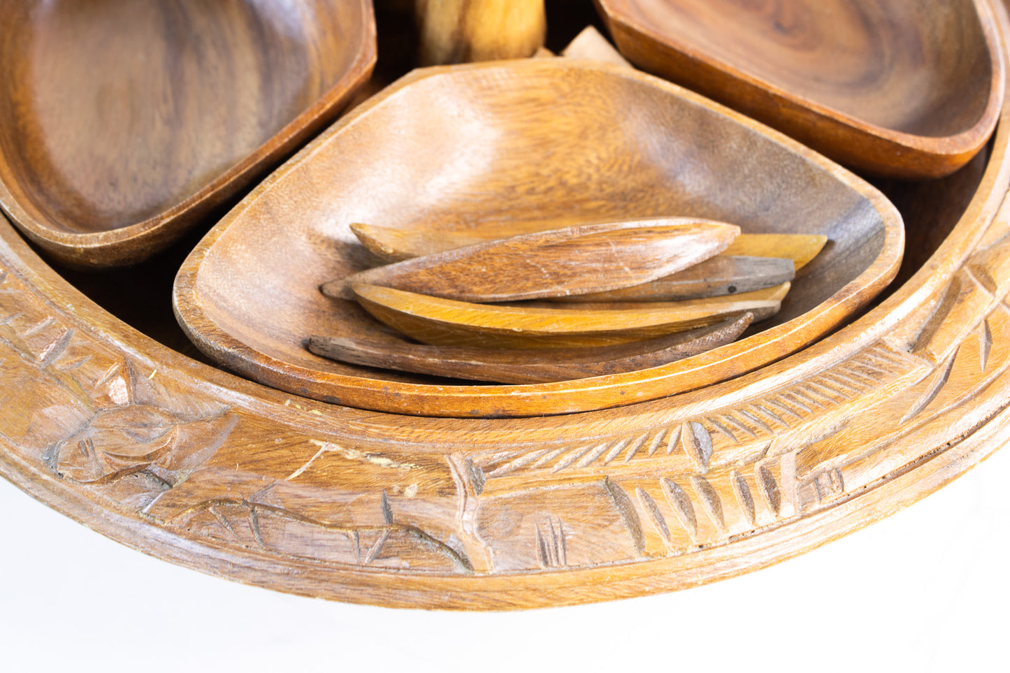 Vintage Hand-Carved Wooden Lazy Susan with Dual Spinning Tiers & Serving Bowls