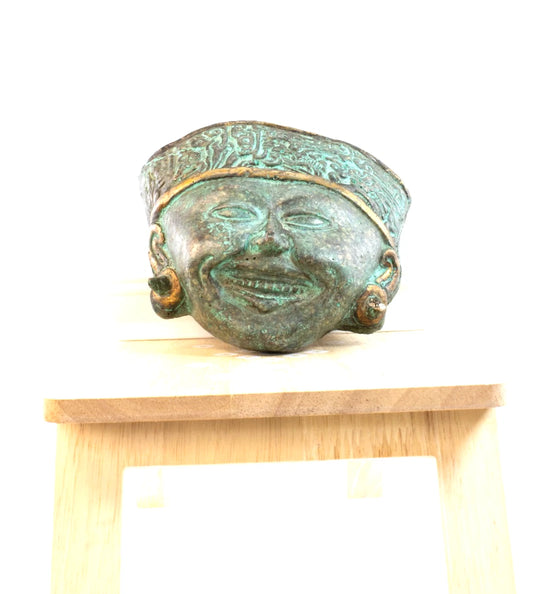 Vintage Verdigris Bronze-Finish Mask Sculpture – Ancient Style Smiling Face