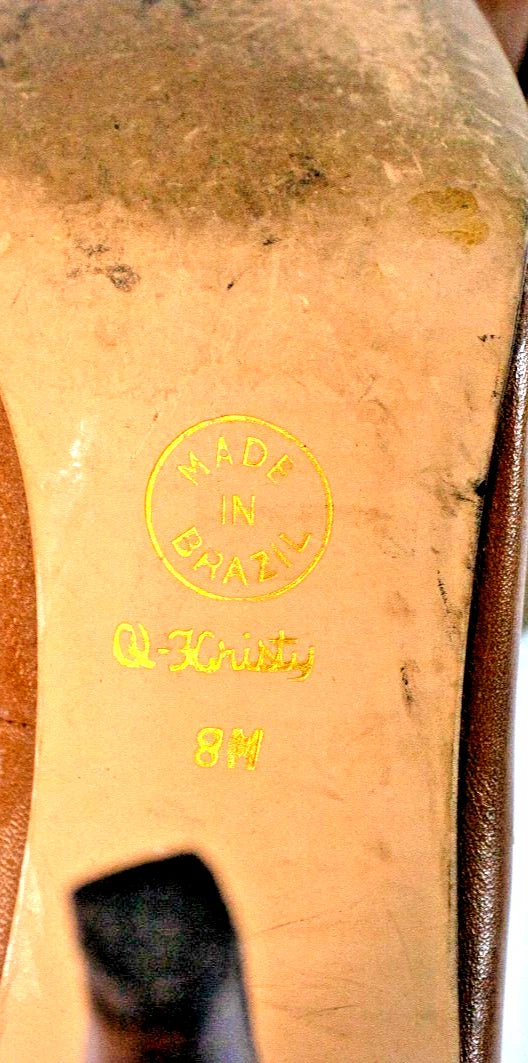 9 West “Kristy” Peep-Toe Heels – Caramel Brown Leather – Size 8M Made in Brazil