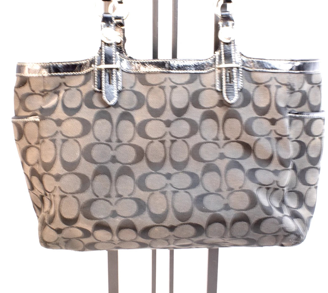 Coach F15141 Signature Stripe Tote – Black Patent Trim, Blue Lining