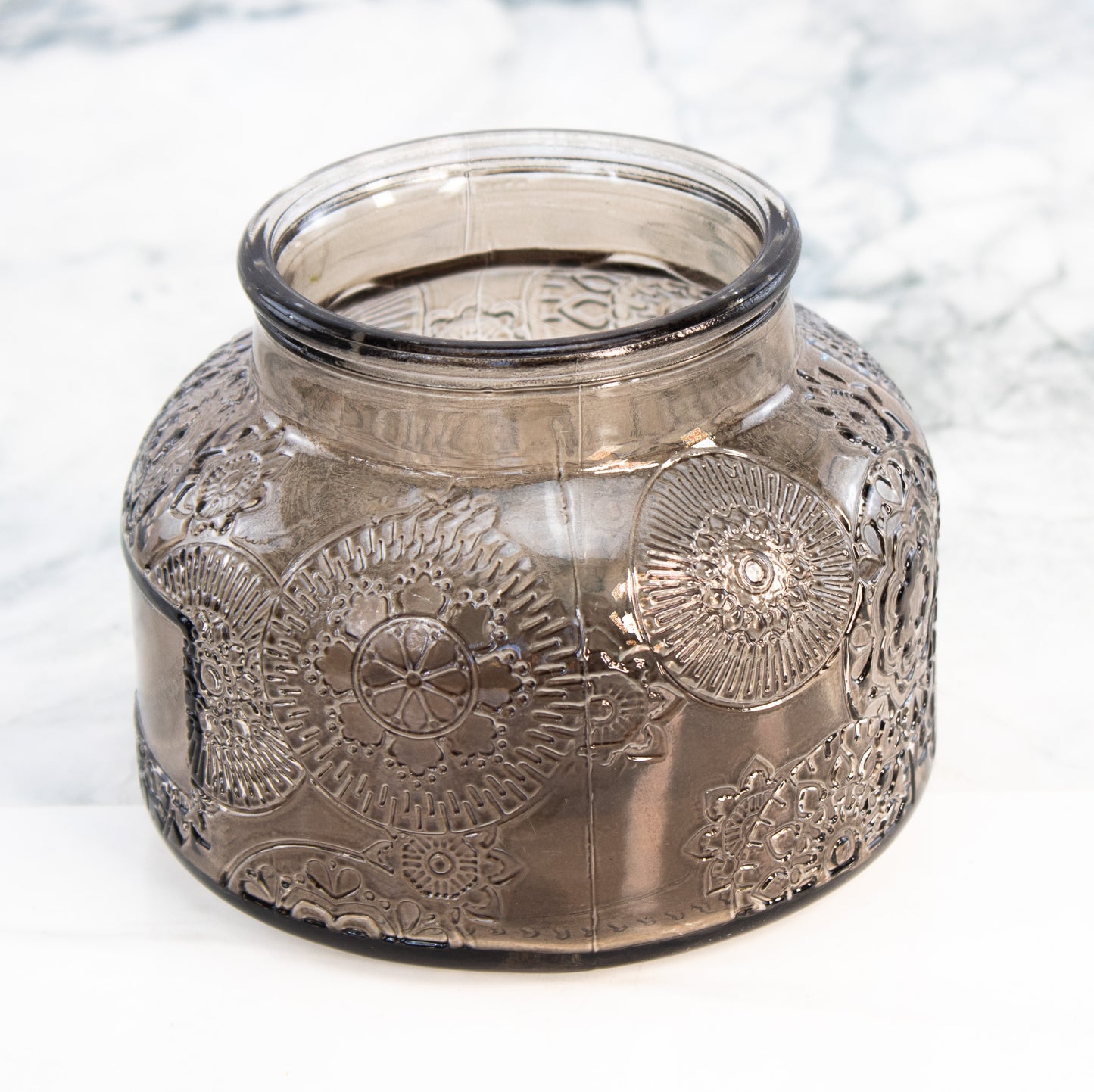 Smoke Glass Vase Embossed Boho Jar Floral Medallion Decor