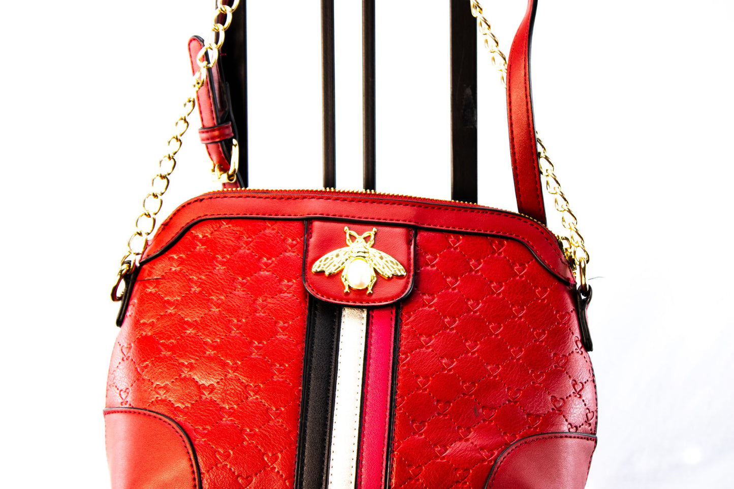 Red Quilted Bee Embellished Crossbody Bag Gold Chain Strap