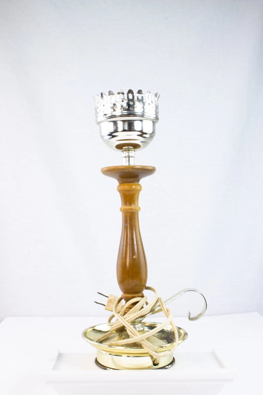 Vintage Mid-Century Electric Table Lamp Base – Brass & Wood Oil-Style Design