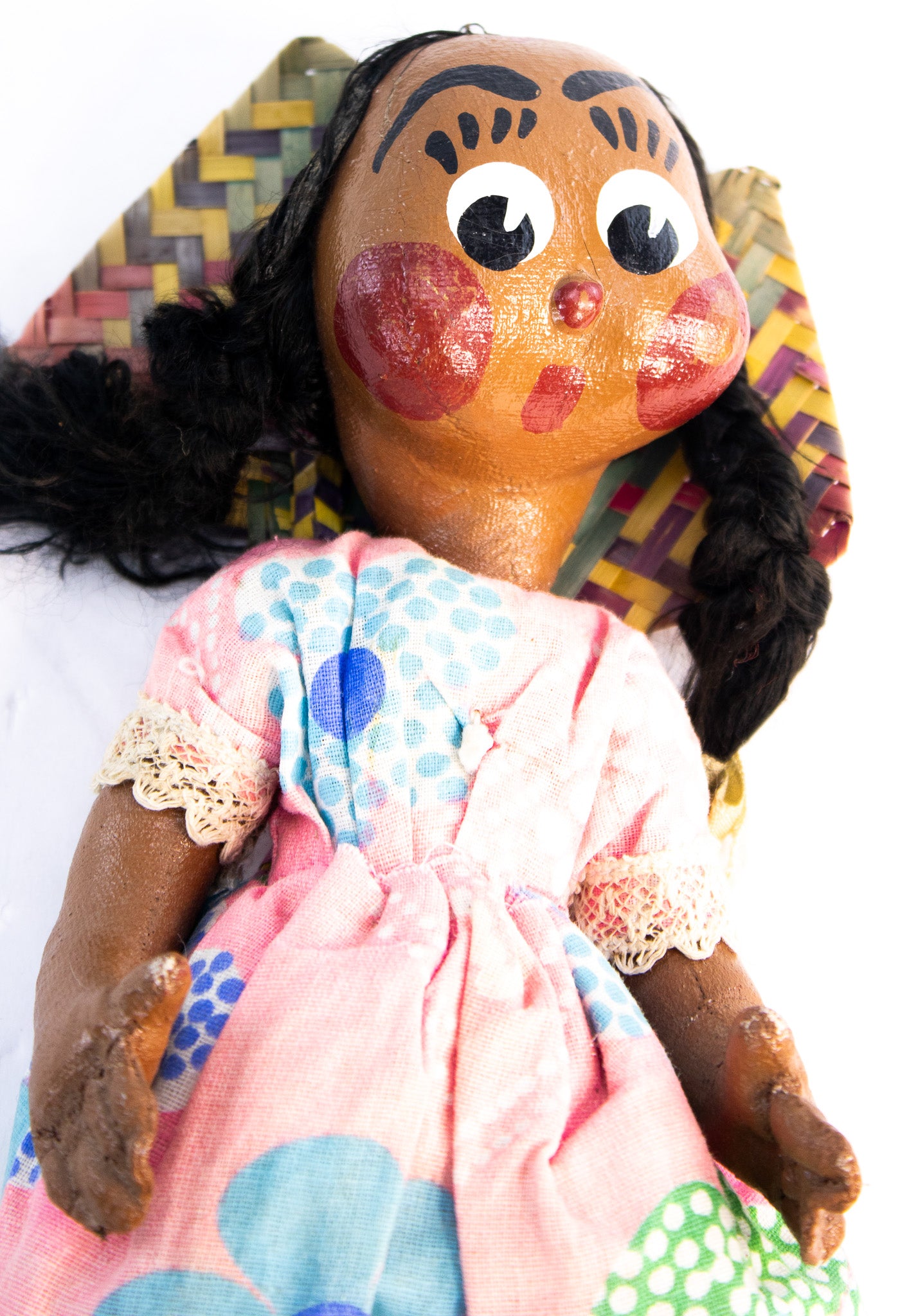 Vintage Mexican Folk Art Doll Handmade Gourd Head Palm Fan Figure