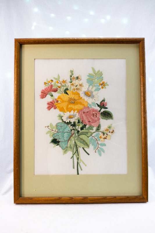 Vintage Framed Floral Embroidery with Butterfly | Cottagecore Wall Art