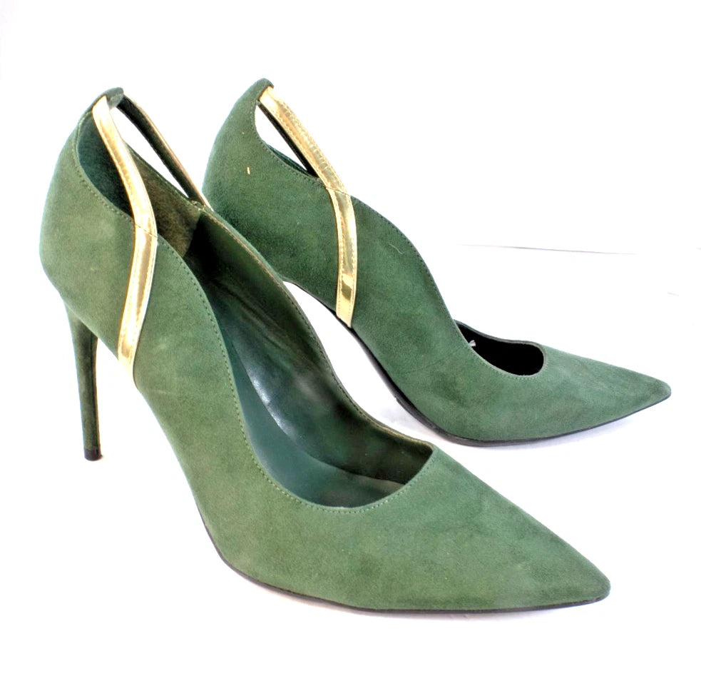 Marc Fisher Pointed-Toe Stiletto Pumps – Forest Green Suede w/ Gold Trim – Women