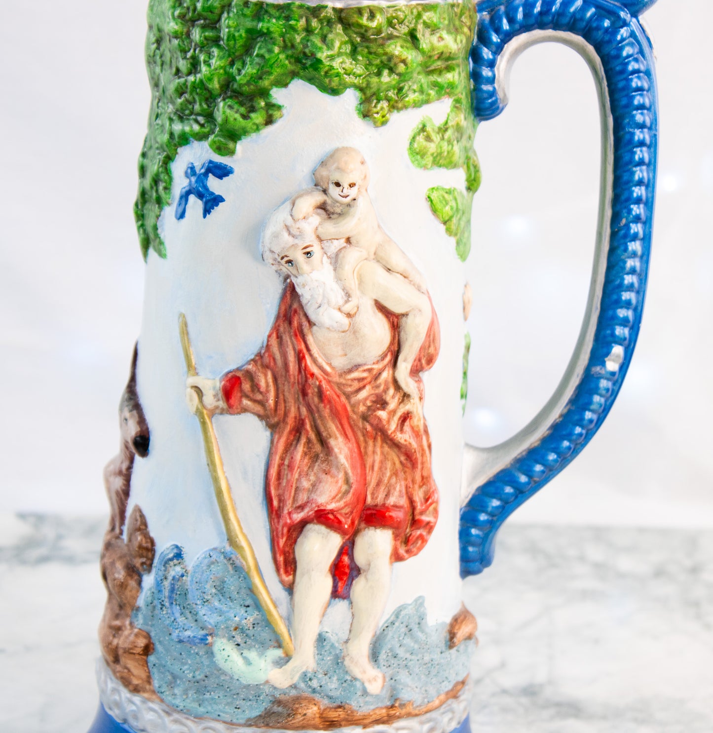 Hand Signed Folk Art Stein – Large Wildlife & St Christopher Ceramic Tankard