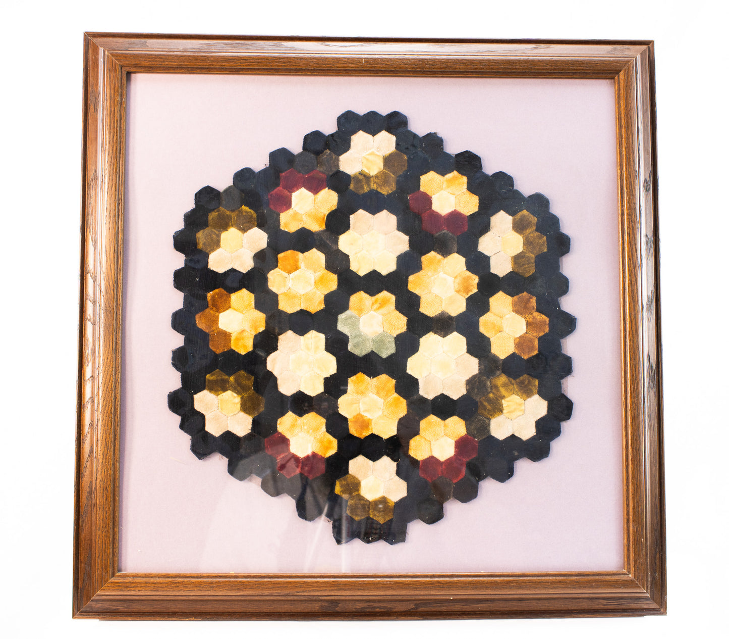 Framed Vintage Hexagon Quilt Textile Art – Hand-Stitched Geometric Fiber Wall Art