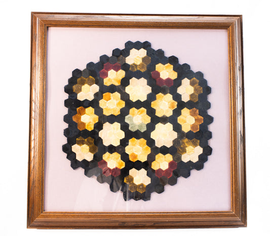Framed Vintage Hexagon Quilt Textile Art – Hand-Stitched Geometric Fiber Wall Art