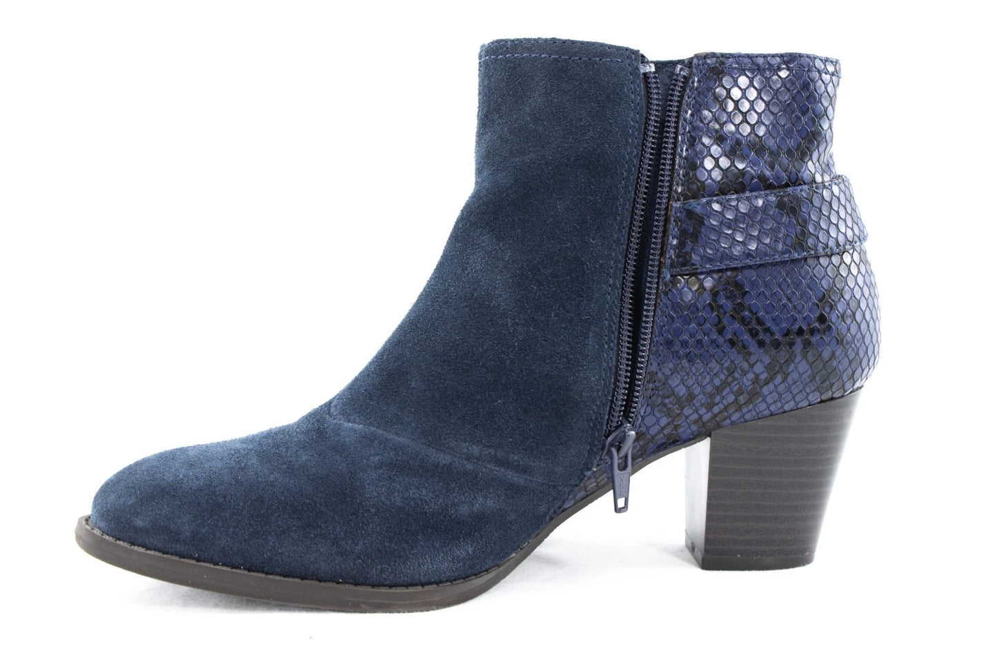 Vionic Navy Suede & Snake Print Ankle Booties – Women’s 8.5M Block Heel Zip Boot