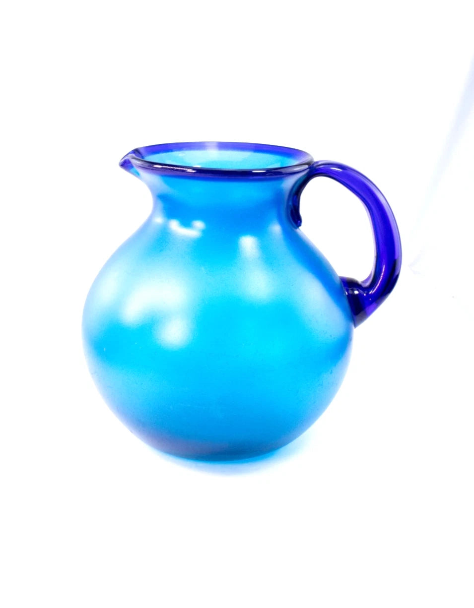 Vivid Cobalt Blue Hand-Blown Art Glass Pitcher / Vase — Frosted Finish, 10.5"