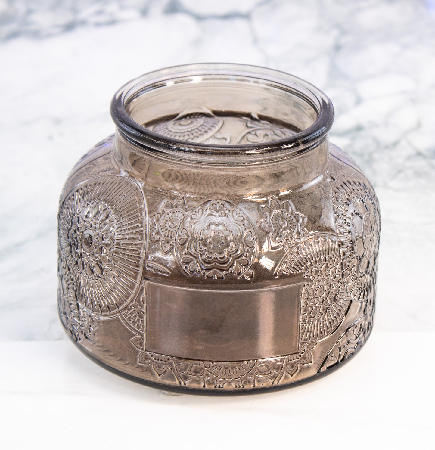Smoke Glass Vase Embossed Boho Jar Floral Medallion Decor