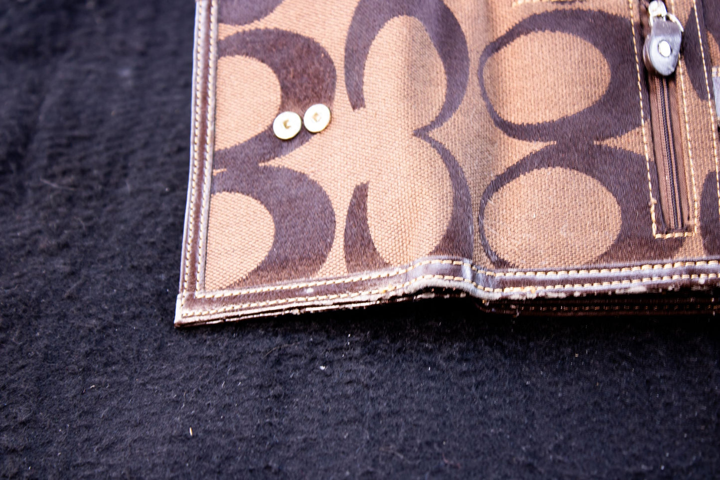 Coach Brown Signature C Trifold Wallet Buckle Strap Zip Coin Pocket