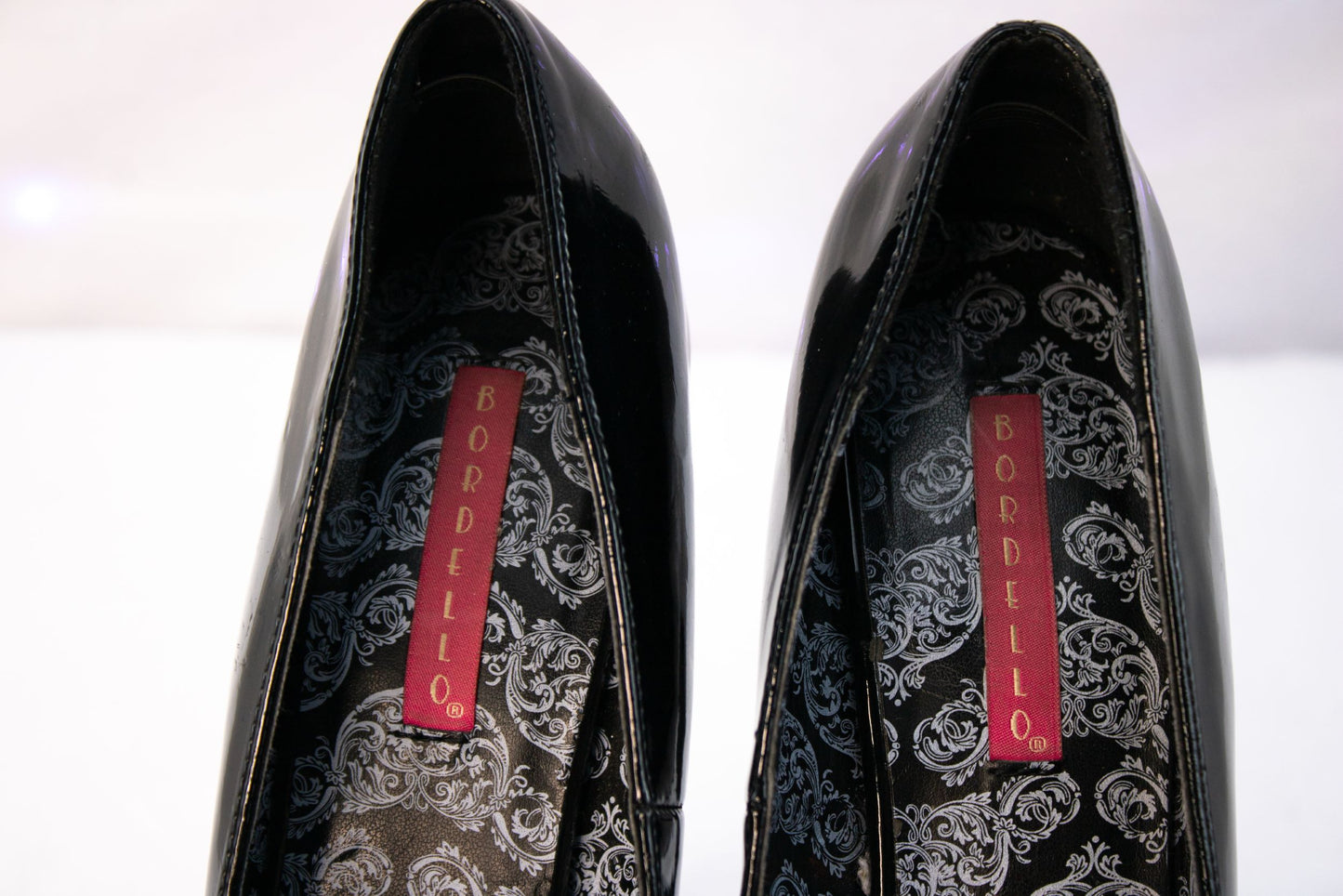 Bordello Black Patent Platform Peep Toe Stiletto Heels Womens