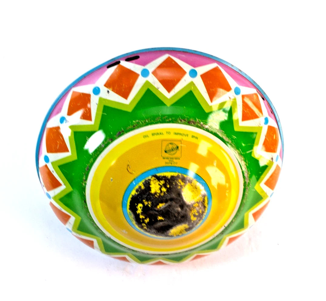 🎯 Vintage Ohio Art Tin Litho Spinning Top – Native American Kids Design – 1960s