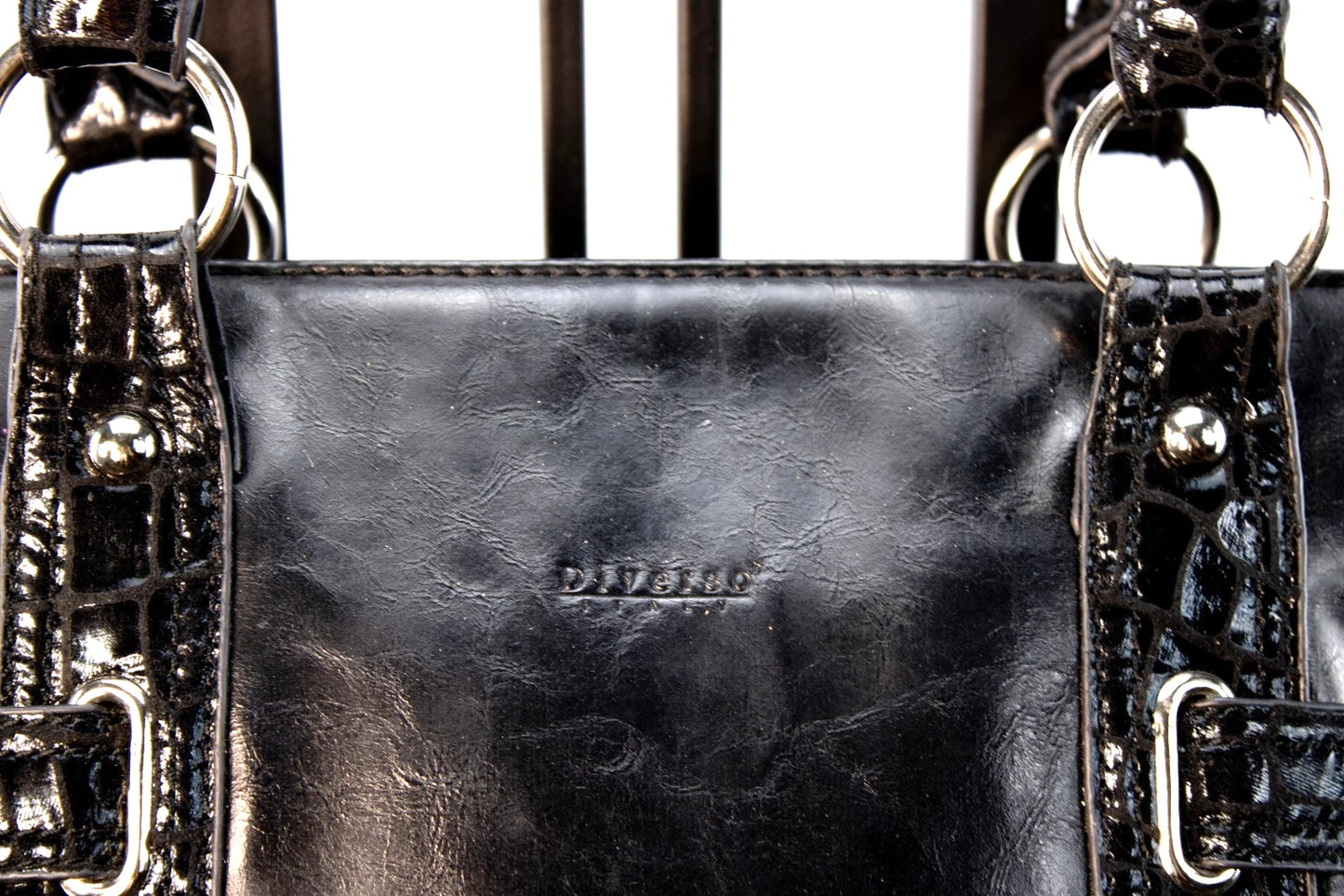 ✨ Diverso Black Patent-Trim Leather Tote – Made in Spain – Triple Compartment