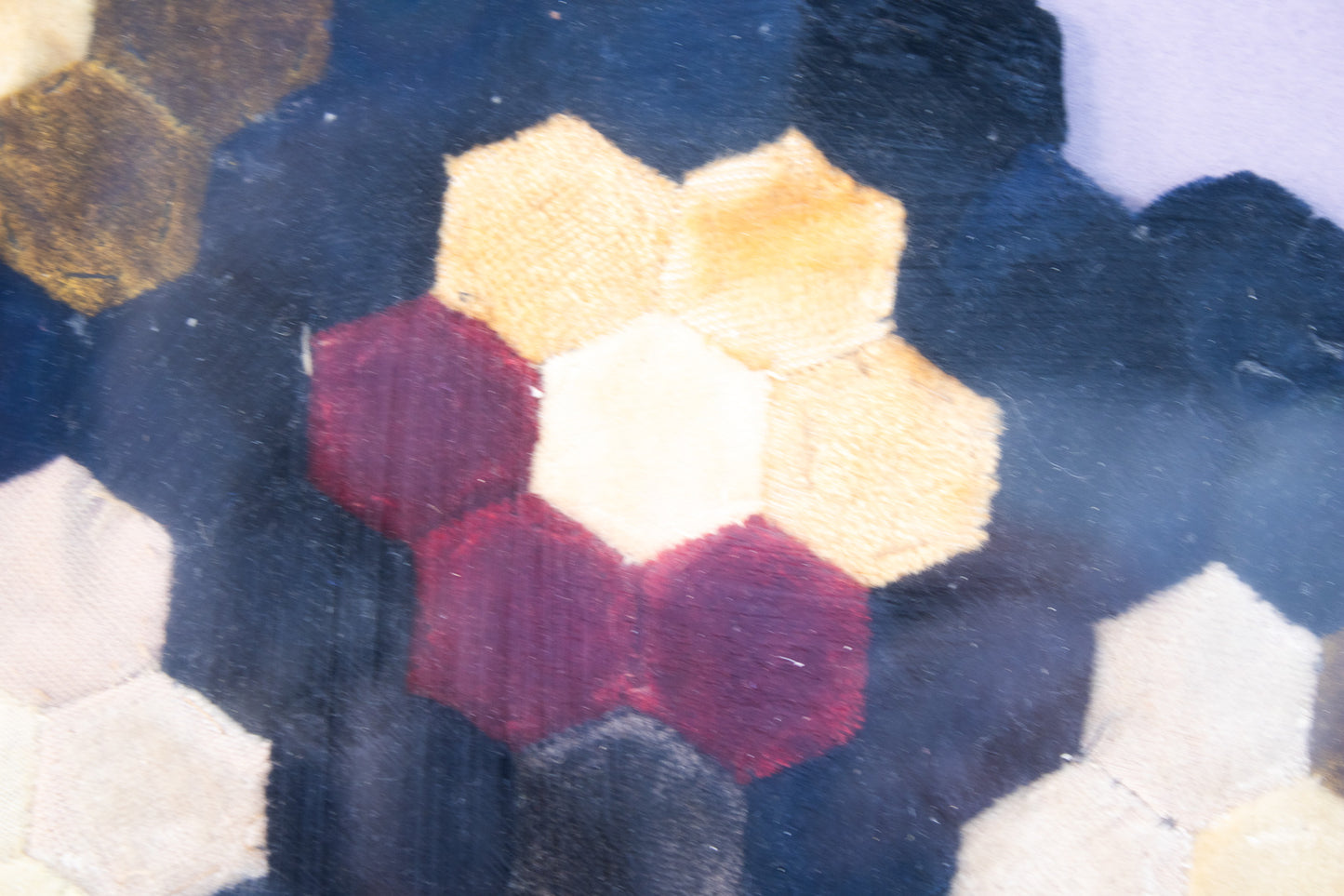 Framed Vintage Hexagon Quilt Textile Art – Hand-Stitched Geometric Fiber Wall Art