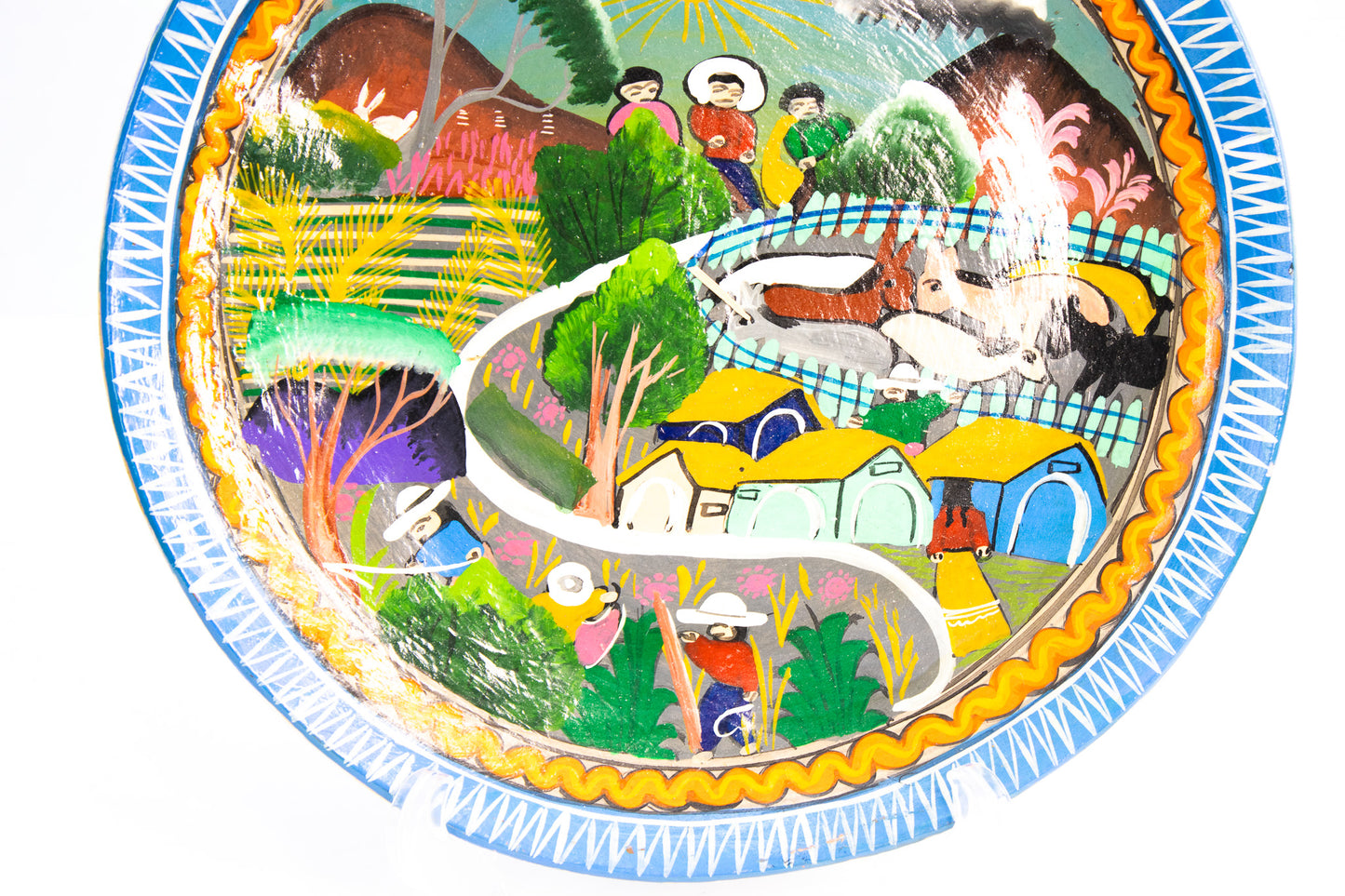 Hand Painted Folk Art Ceramic Plate Village Scene Colorful Wall Decor