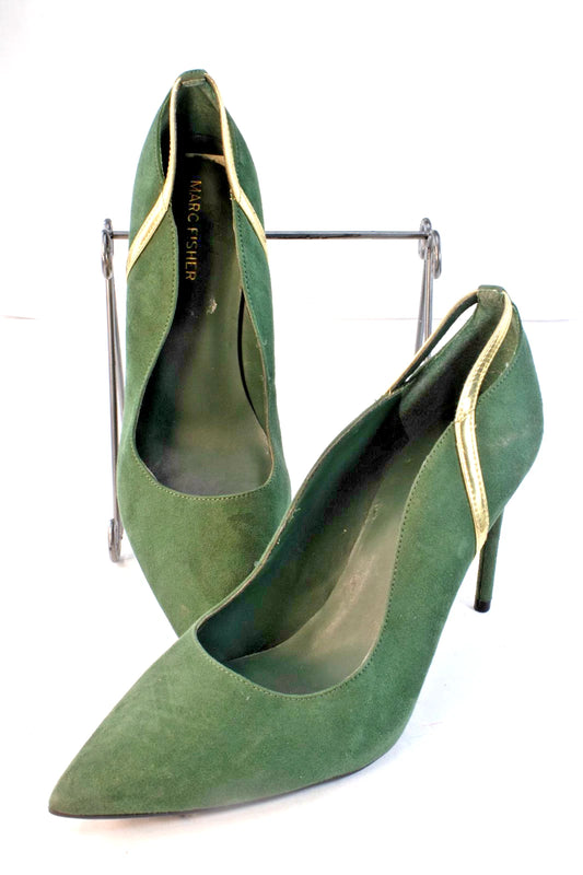 Marc Fisher Pointed-Toe Stiletto Pumps – Forest Green Suede w/ Gold Trim – Women
