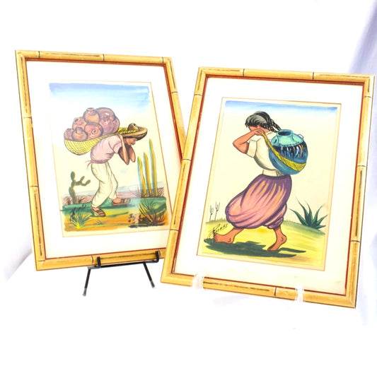 VINTAGE MEXICAN FOLK ART WATERCOLOR SET – SIGNED F. PORRAS – SARACHEK’S 1950s