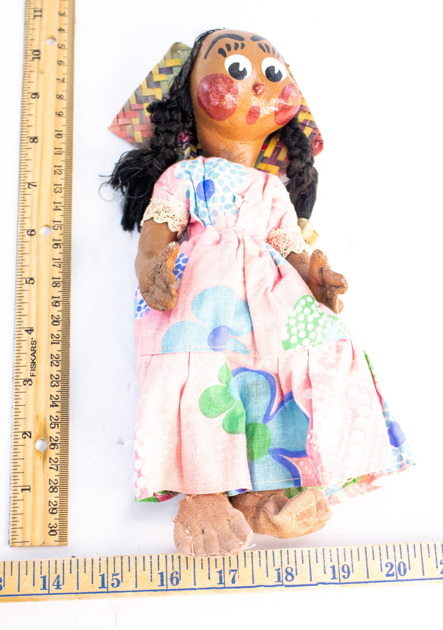 Vintage Mexican Folk Art Doll Handmade Gourd Head Palm Fan Figure