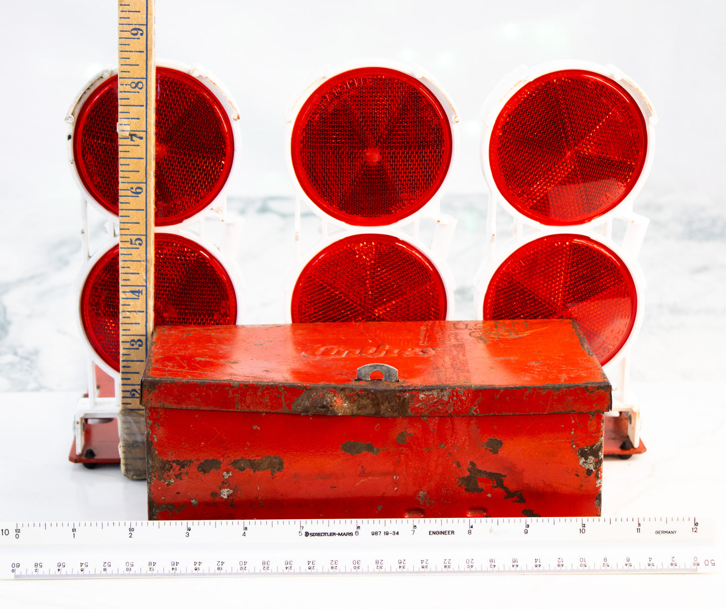 Vintage Anhes Railroad Warning Signal Set with Original Red Metal Case