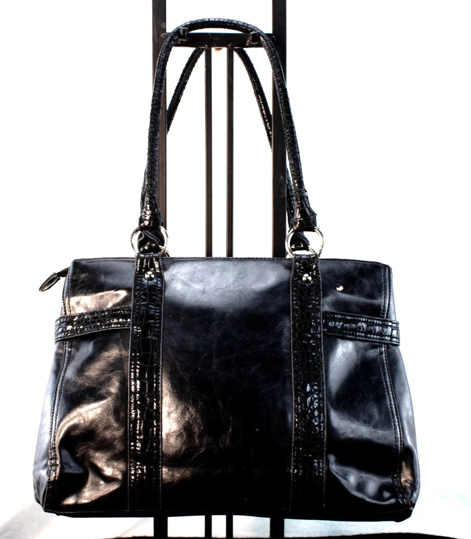 ✨ Diverso Black Patent-Trim Leather Tote – Made in Spain – Triple Compartment