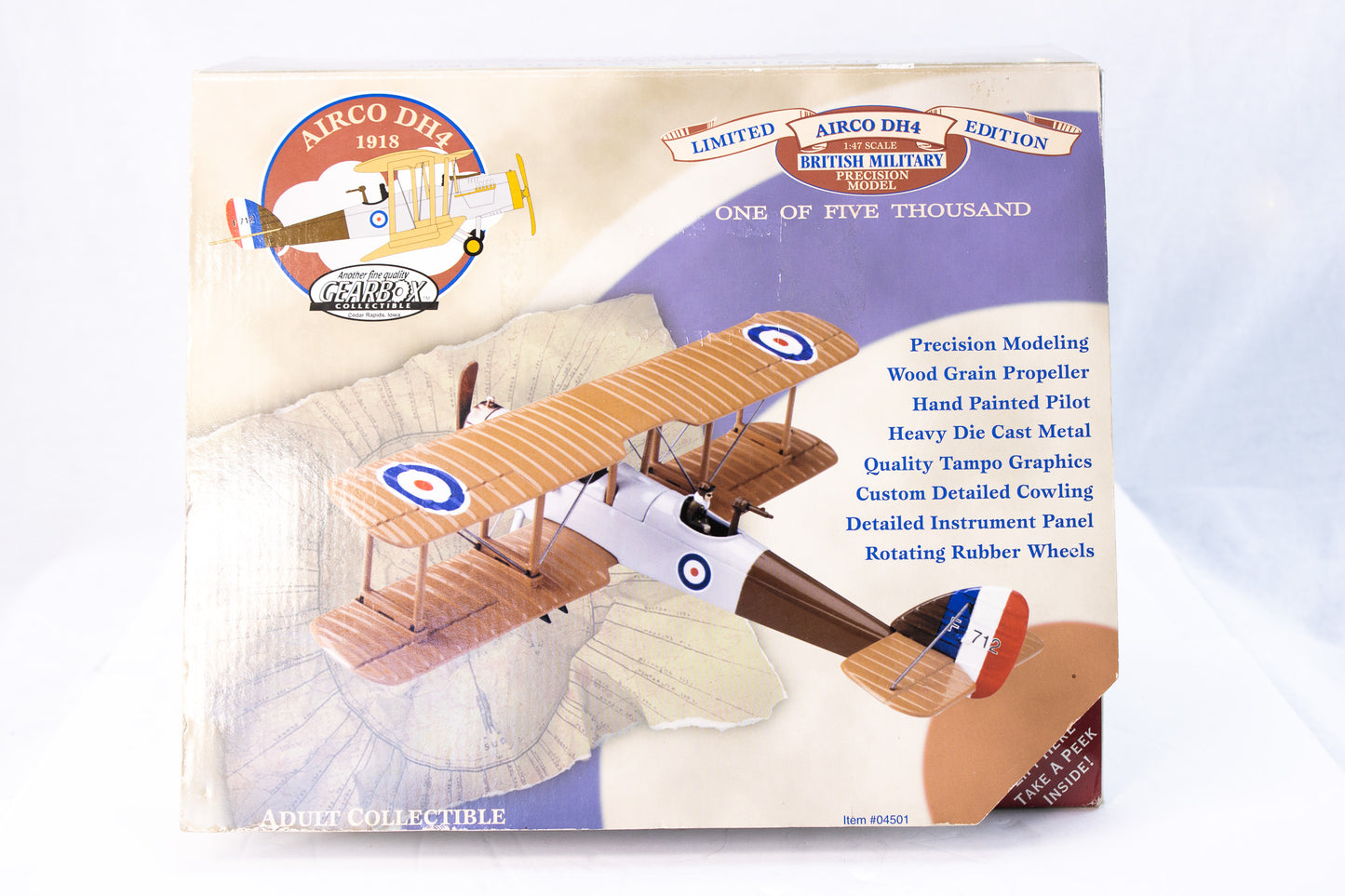 Vintage Gearbox Airco DH4 WWI Biplane Model Set with 4-Plane Display Stand