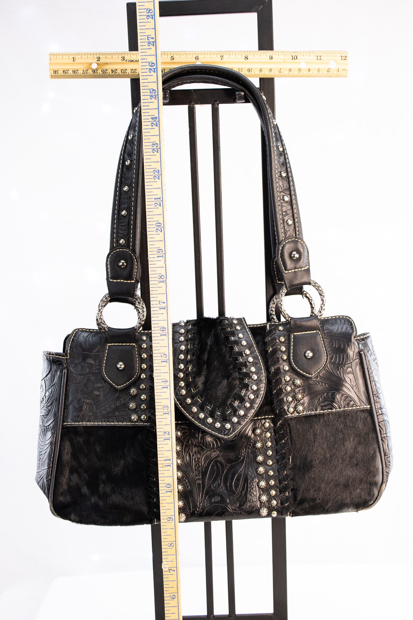 Western Tooled Leather Concealed Carry Handbag with Hair-On Hide