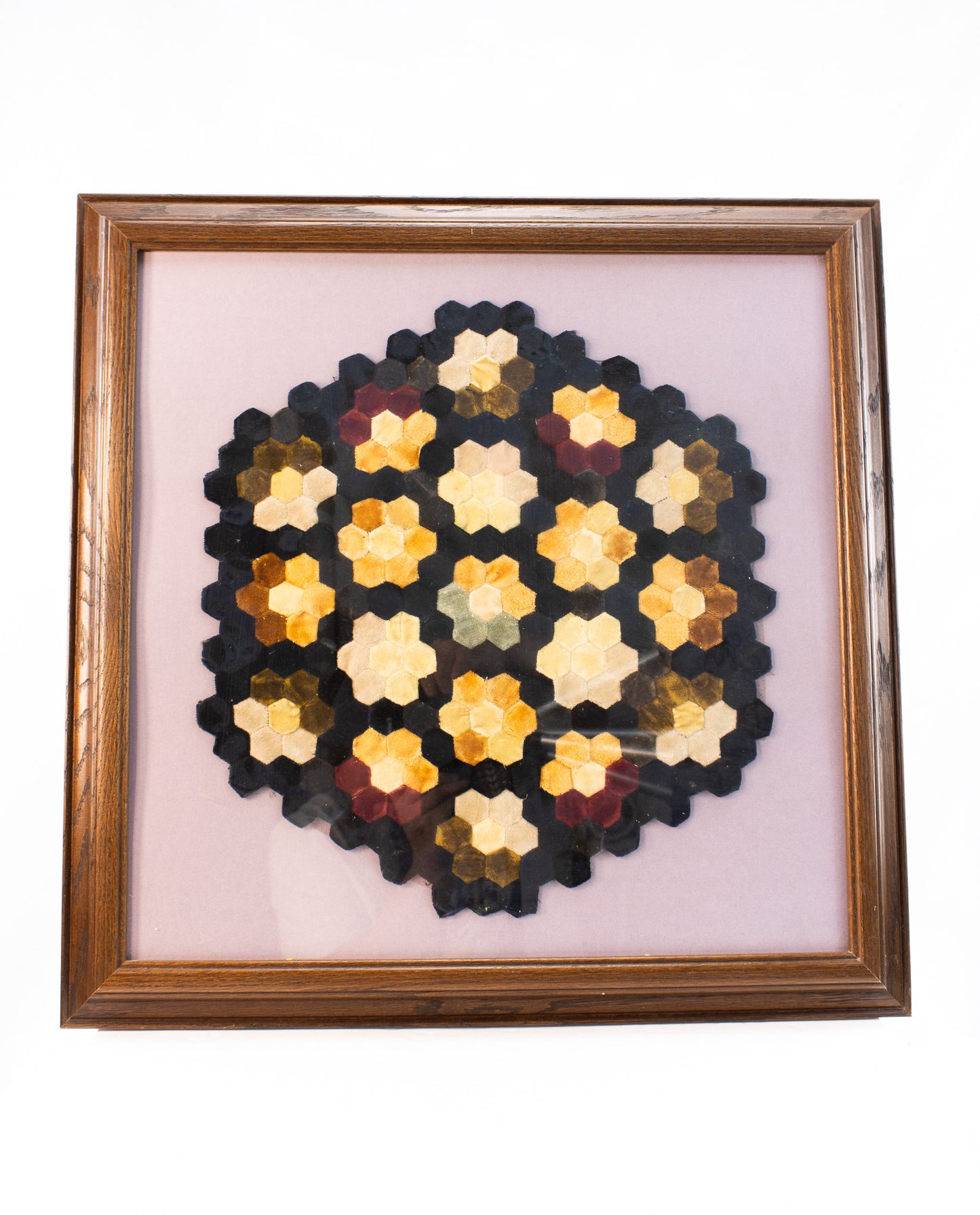 Framed Vintage Hexagon Quilt Textile Art – Hand-Stitched Geometric Fiber Wall Art