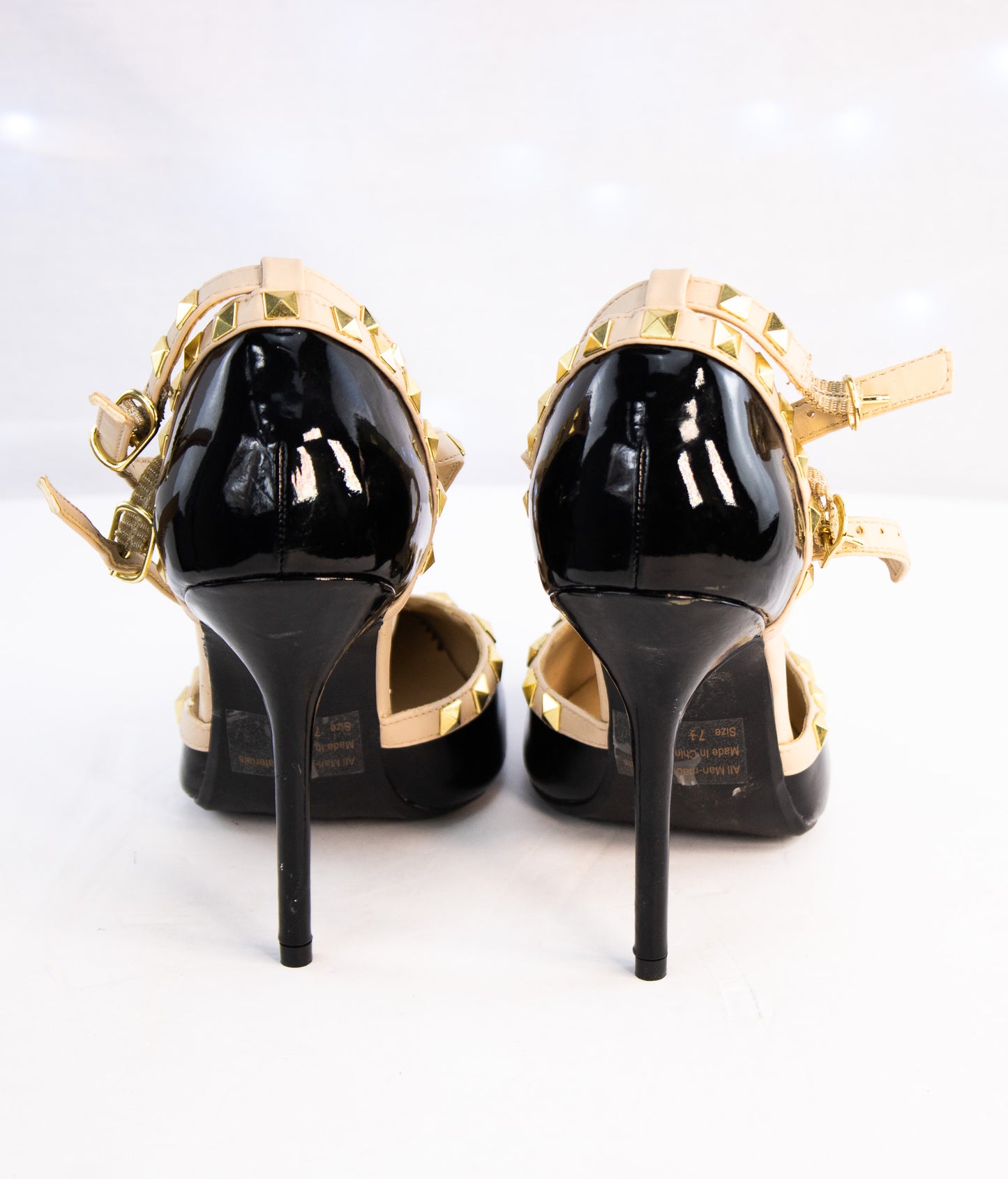Studded T-Strap Heels Black Patent Gold Accents – Wild Diva Lounge 7.5