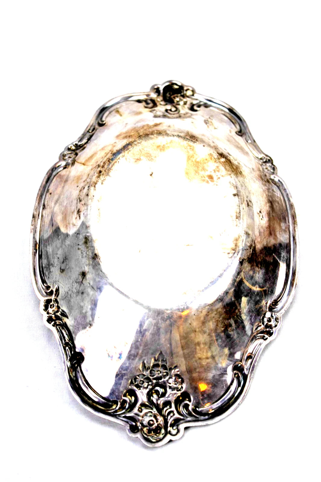 Vintage Silver-Plated Serving Tray – Ornate Floral Scroll – Aged Patina Look