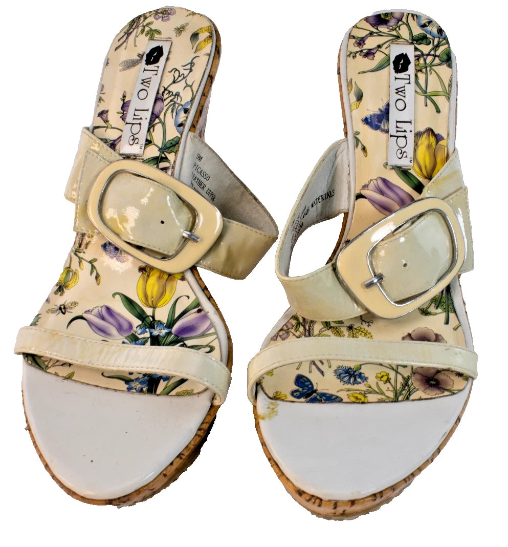 Two Lips “Picasso” Wedge Sandals 9M – Cream Straps • Floral Footbed • Cork Heel
