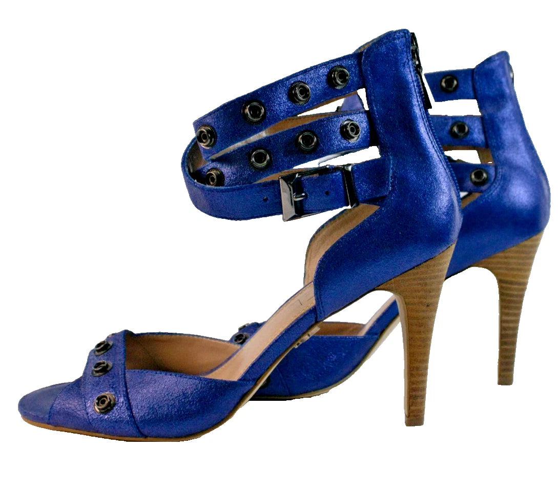 💙 Rachel Roy Metallic Blue Heels | Studded Strappy Sandals | Size 8.5M
