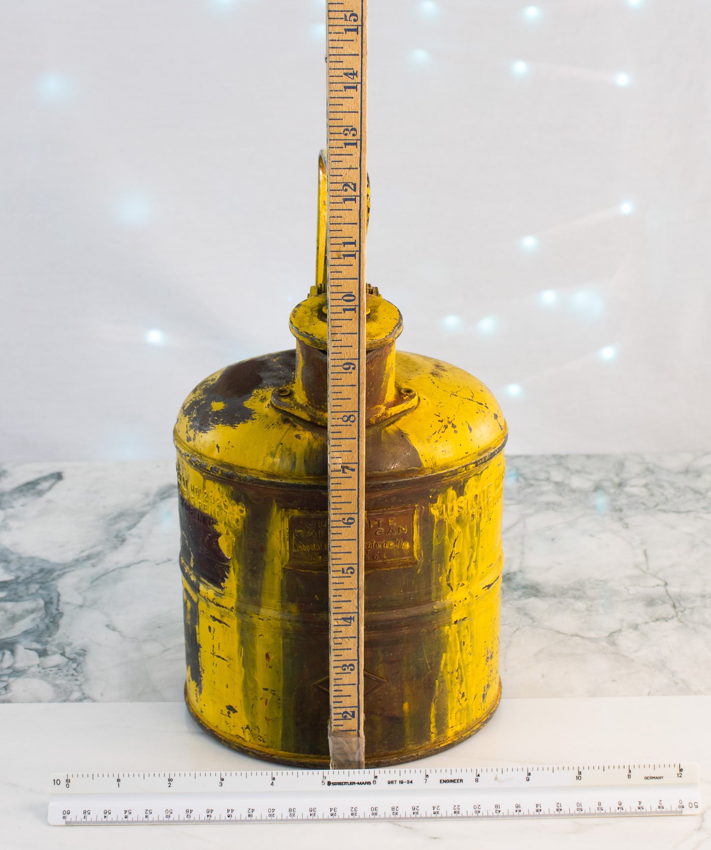 Vintage Justrite Safety Can – Chicago Industrial Metal Fuel Can, Yellow, Mid-Century