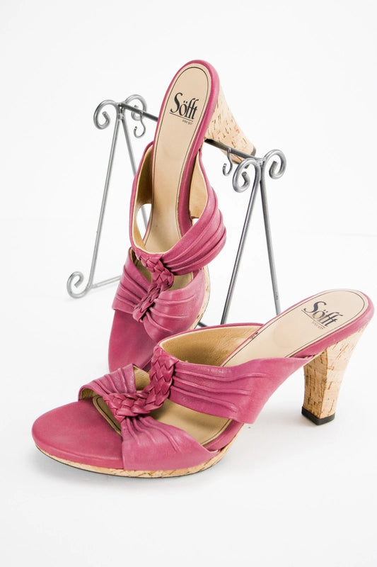 Sofft Plum Leather Cork Heels | Size 8.5M Peep Toe Slip-On Sandals | Vintage
