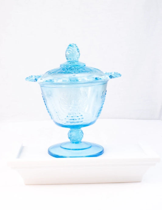 Vintage Aqua Blue Glass Compote with Lid – Harvest Grape Pattern Pedestal Candy