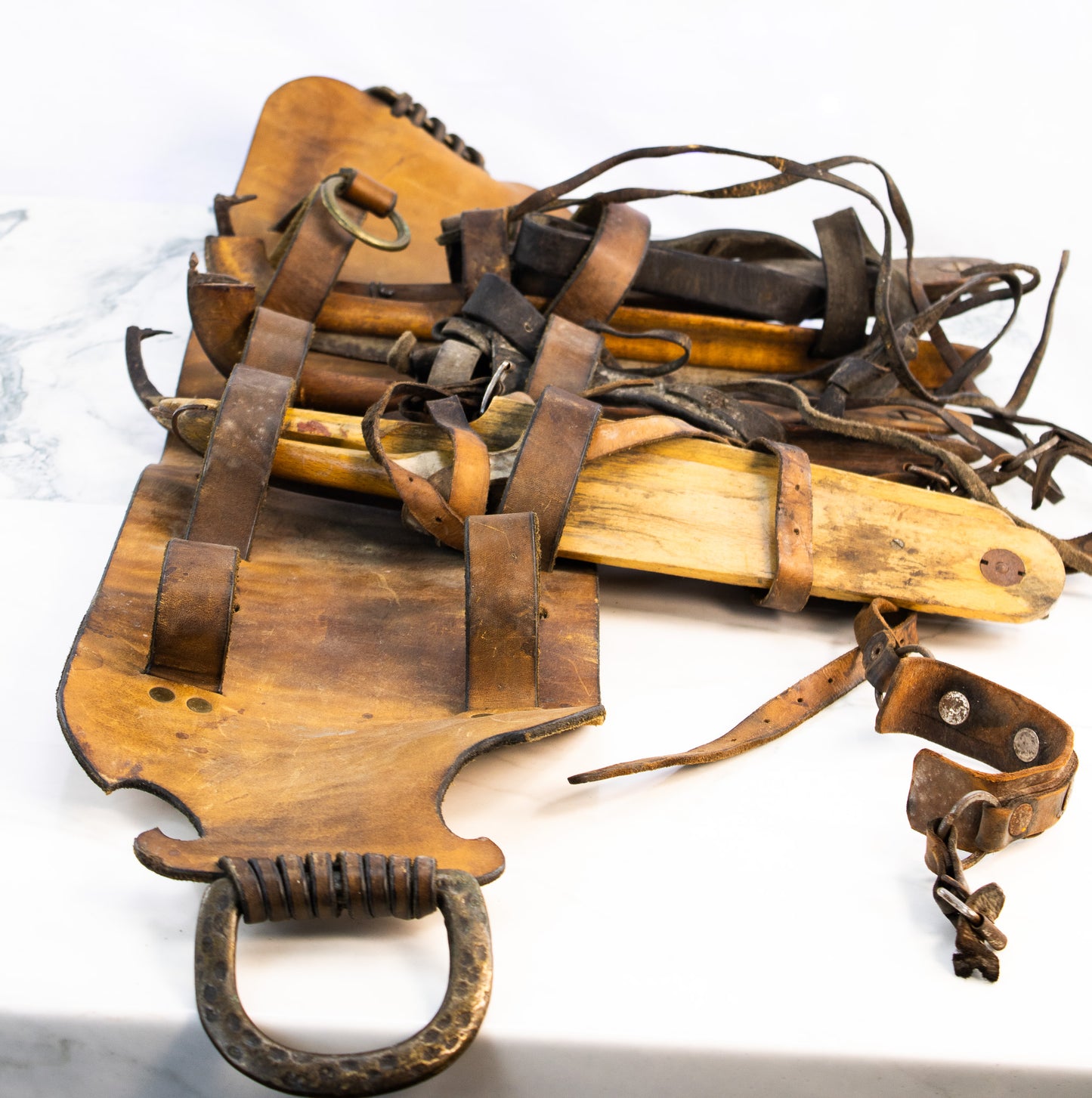 Antique Strap-On Ice Skates Set w/ Leather Carrier – c. 1880–1915