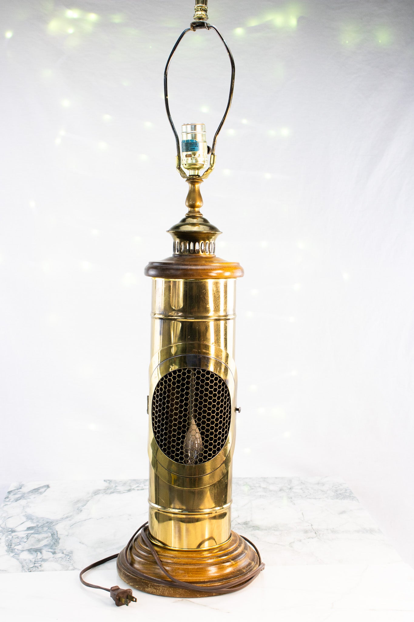 Tall Vintage Brass & Wood Statement Lamp | Mid-Century Flame Style Lighting