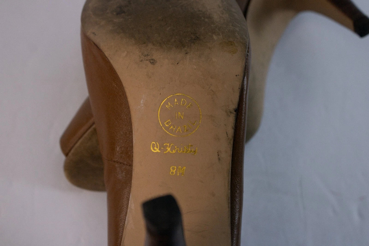 9 West “Kristy” Peep-Toe Heels – Caramel Brown Leather – Size 8M Made in Brazil