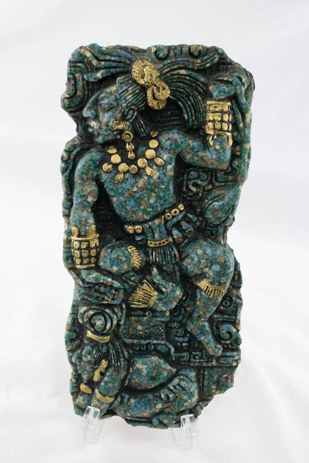 Mayan Mosaic Warrior Wall Plaque – Crushed Turquoise Stone & Gold Accents