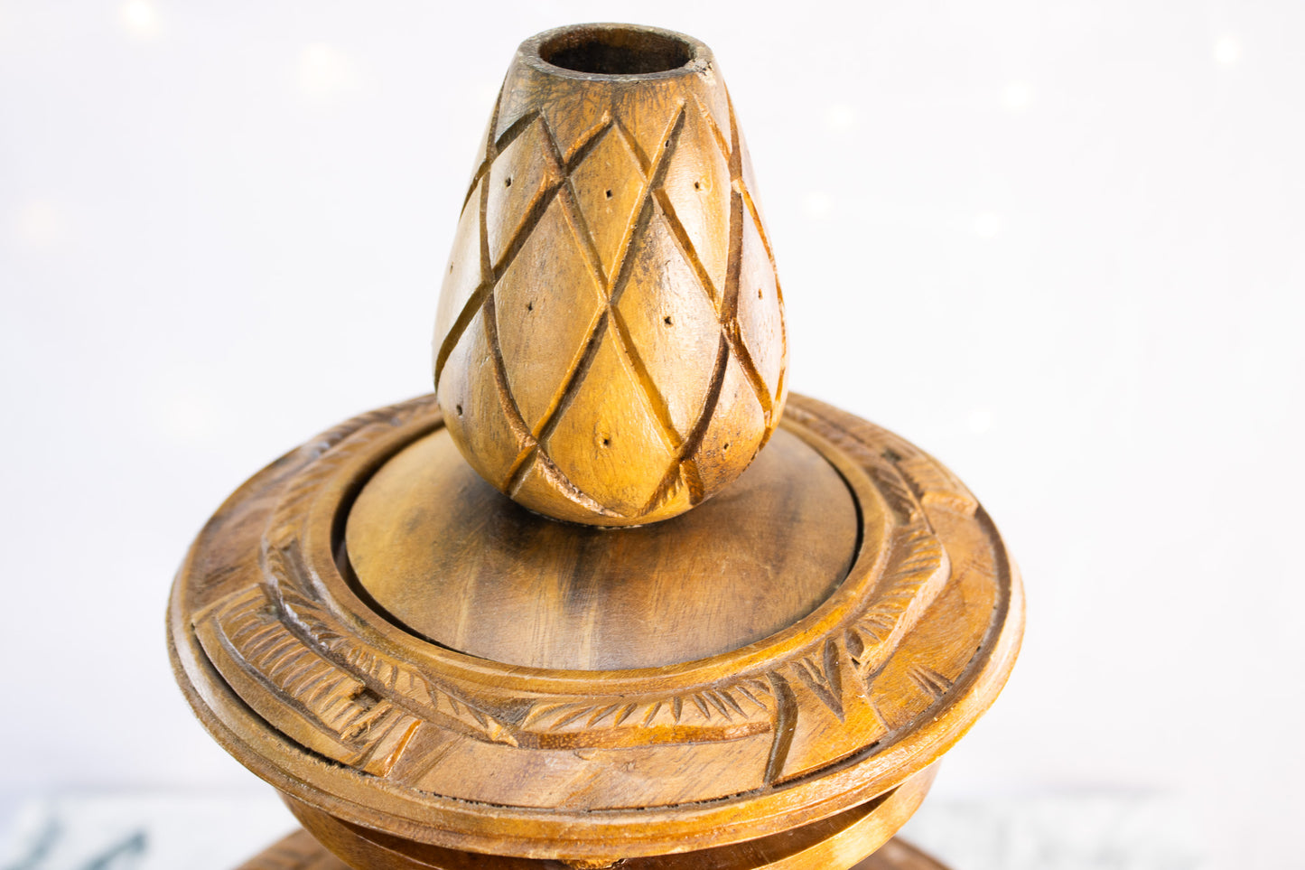Vintage Hand-Carved Wooden Lazy Susan with Dual Spinning Tiers & Serving Bowls