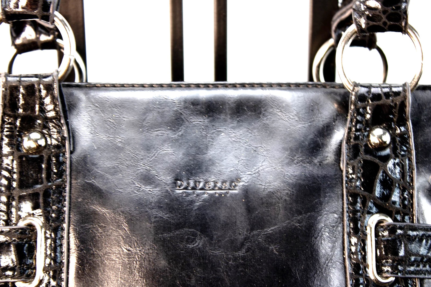 ✨ Diverso Black Patent-Trim Leather Tote – Made in Spain – Triple Compartment